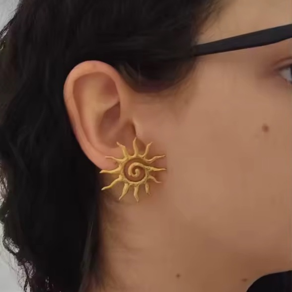 Abstract Sunburst 18K Gold Stainless Steel Earrings - Picture 8 of 14